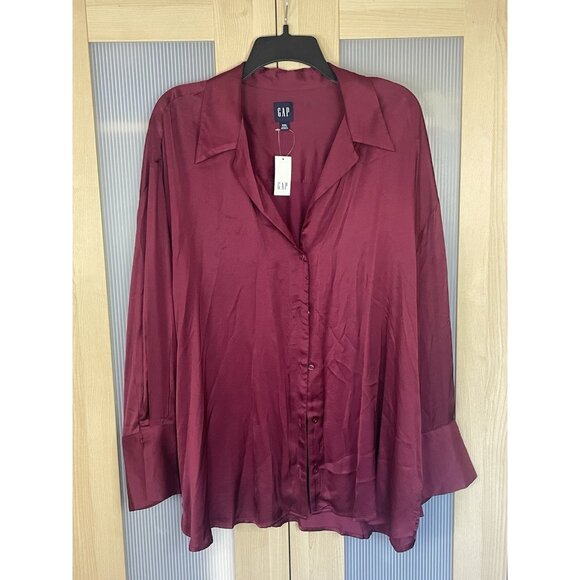 GAP Relaxed Satin Shirt Red Burgundy Sz XXL plus Holiday Party Career Blouse Top - Picture 2 of 5